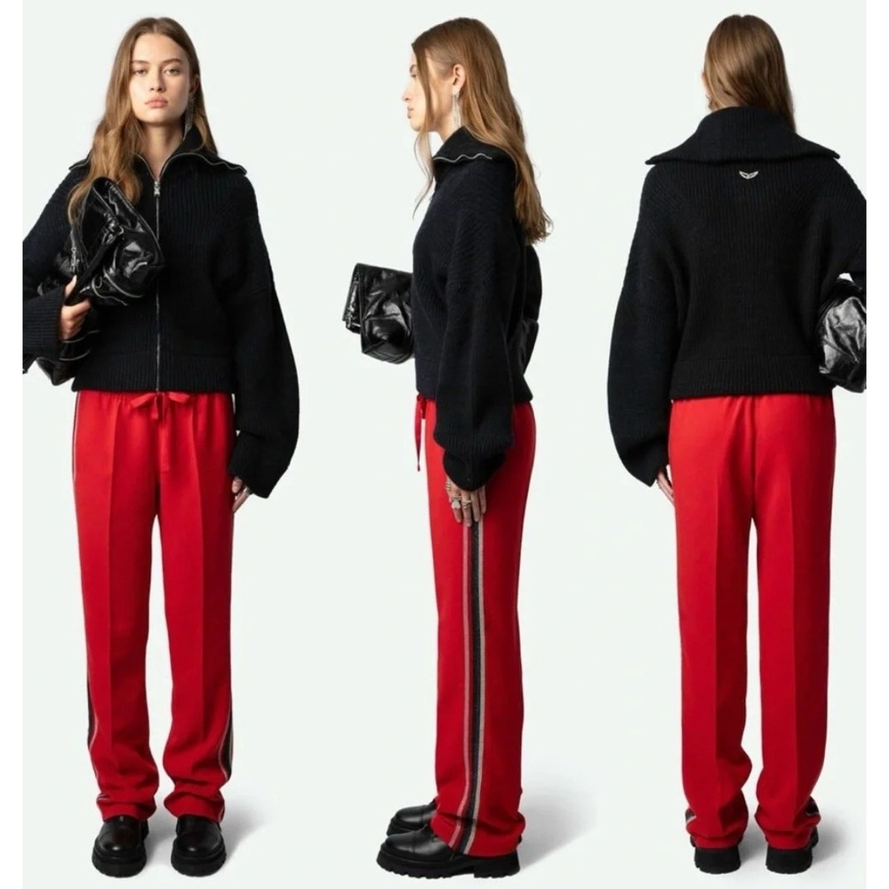 Zadig & Voltaire Pomy Trouser Pants Size XS‎ Crepe Red Gliter Side Stripe Casual